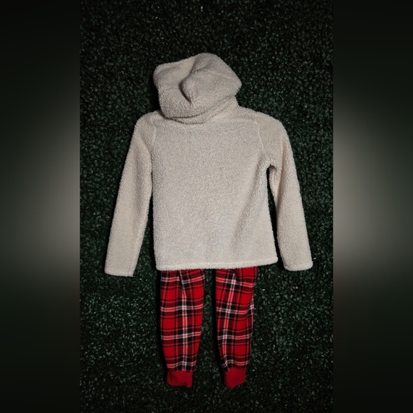 Cozy Cream Hoodie and Red Plaid Kids Pajama Set - Picture 3 of 5